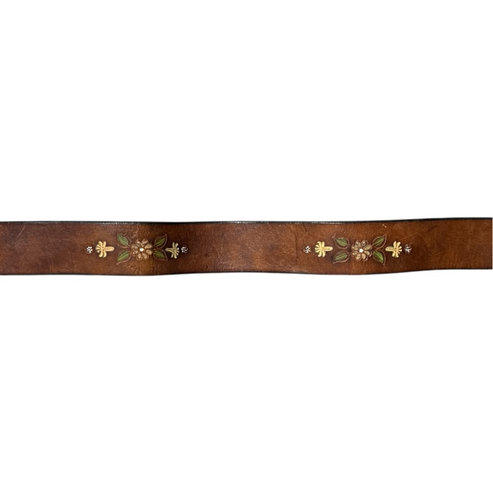 VINTAGE BERGAMOT BRASS WORKS WOMAN AND PEACOCK BUCKLE & BOHO FLORAL LEATHER BELT - Picture 5 of 10